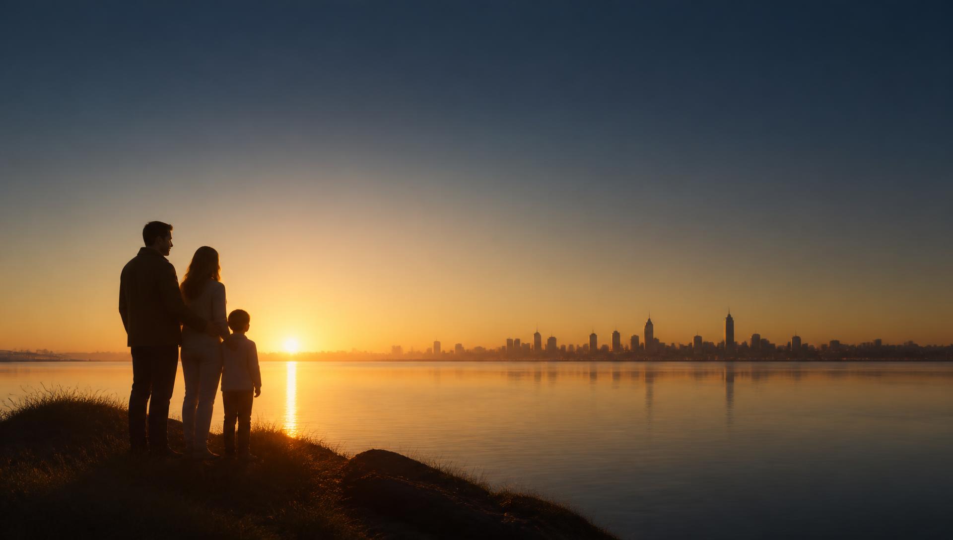 Sunrise over a calm horizon with a distant city skyline